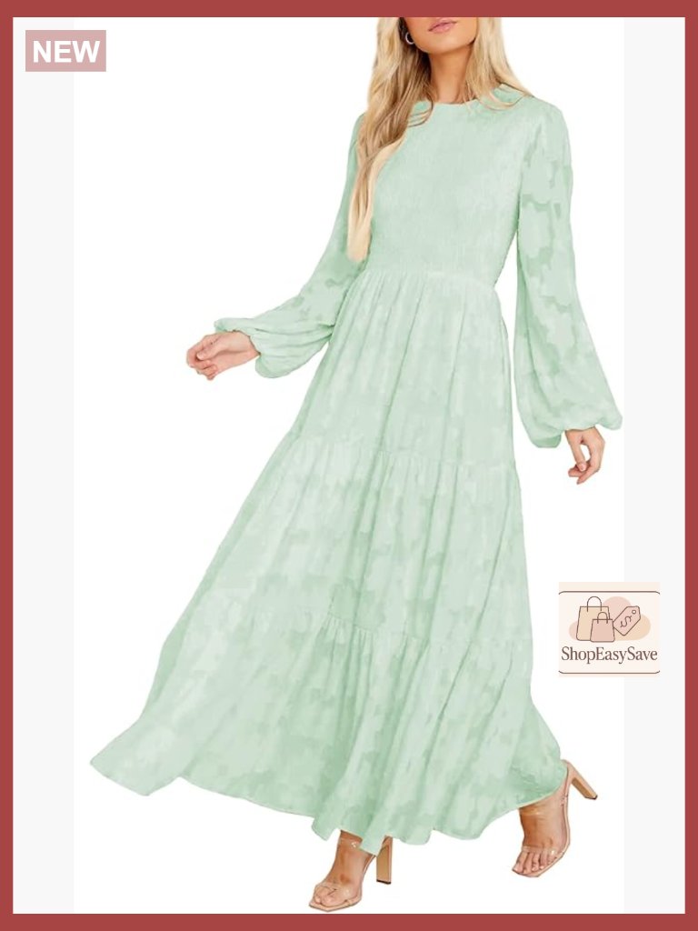 Floral Maxi Dress Long Sleeve Smocked Bodice Tiered Ruffle Hem Pockets